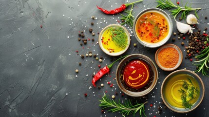 Different types of sauces in bowls with seasonings banner, rosemary and dill, thyme and and peppercorns, top view, copy space realistic
