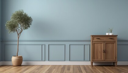 Interior home of living room with wooden cabinet drawer credenza on blue wall