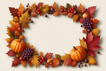 Embrace the spirit of autumn and Thanksgiving with a charming border of colorful leaves and fruits, leaving room for your heartfelt message in the center.