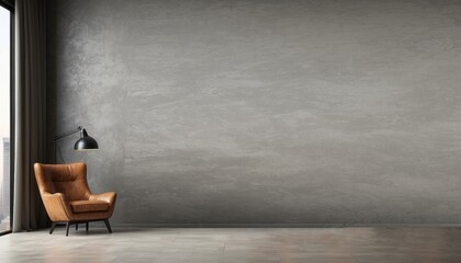 Interior home of living room with leather armchair on empty concrete wall copy space mockup