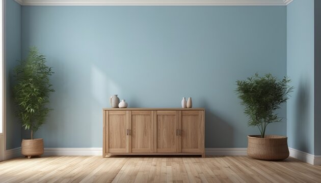 Interior home of living room with wooden cabinet drawer credenza on blue wall