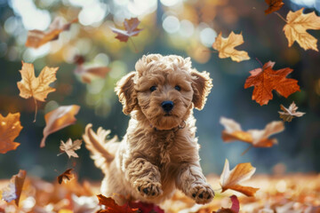 Cute dog puppy running and playing with autumn maple leaves. Colourful autumn view. Bokeh background.