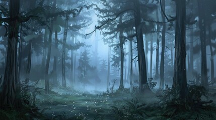 Naklejka premium A misty forest with towering trees background. Towering trees accompanied by beautiful plants and flowers