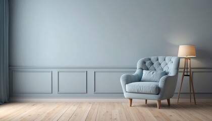 Interior home of living room with blue armchair on white wall copy space, hardwood floor