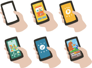 いろいろなアプリゲームとスマホを持つ手のポップなイラストセット