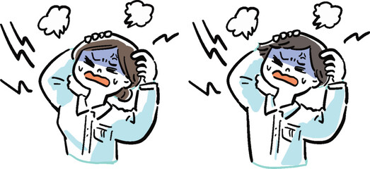 怒る　癇癪を起こす男性と女性のマンガ風イラスト　バストアップ