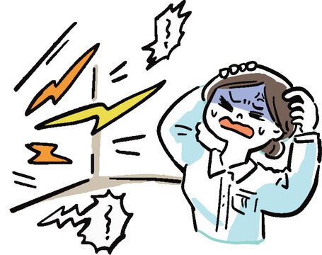 recommend clip art: 隣の部屋の騒音にイライラする女性の漫画風イラスト