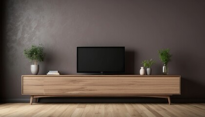 Interior home of living room with wood cabinet for LED TV on dark wall and hardwood floor