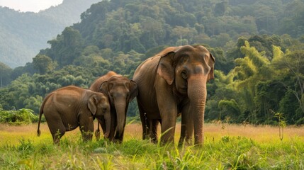 Three elephants standing in a grassy field