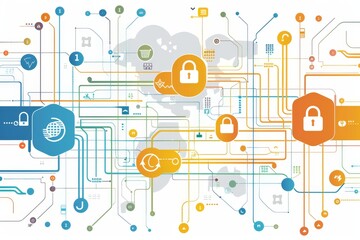 Obraz premium Advanced Cloud Security with Digital Data Network and Connected Devices in Yellow and Orange