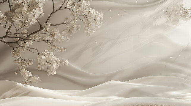 fondo elegante y sofisticado de tela de sea en movimiento sobre una pared o muro y de un lado un racimo de ramas con flores blancas peque&ntilde;as elegantes y hermosas con espacio para copiar