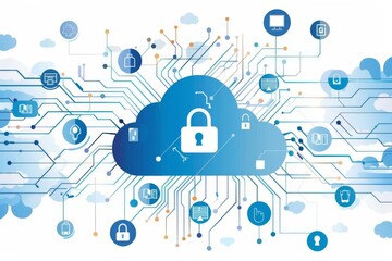 Cloud security with interconnected systems and data protection symbols representing modern digital safety.