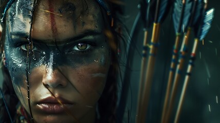 A woman with arrows on her face and a dark background.