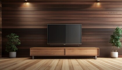 Fototapeta premium Interior home of living room with cabinet for TV LED on wooden wall copy space, hardwood floor