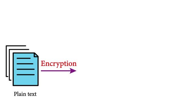 Asymmetric encryption scheme. Key is used to encrypt and a second to decrypt. Vector illustration