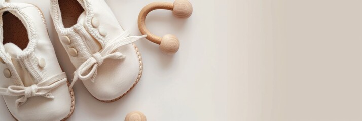 Baby shoes and teethers. Organic newborn accessories. copy space