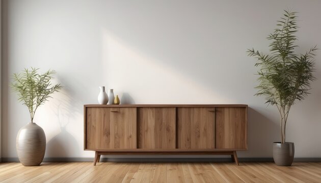 Interior home of living room with sideboard cabinet for TV on empty white wall copy space