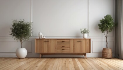 Interior home of living room with sideboard cabinet for TV on empty white wall copy space