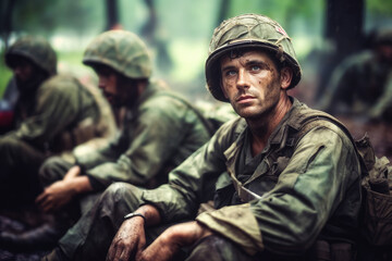 Fototapeta premium Poignant portrayal of fatigued soldiers taking a brief respite amidst a forest setting
