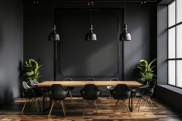 Conference room with black walls, wooden table, and stylish lights.