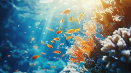 Coral Reef and Tropical Fish in Sunlight.