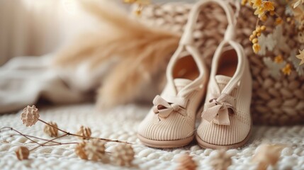 Baby shoes and teethers. Organic newborn accessories. copy space