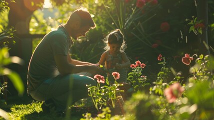 Backlit father and daughter gardening together Fathers day