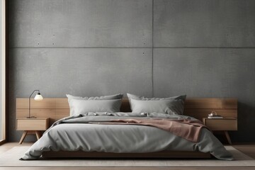 Interior home of bedroom with wooden gray bed on concrete wall texture background