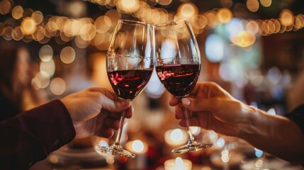 Couple clinking glasses at Valentine's day dinner in restaurant