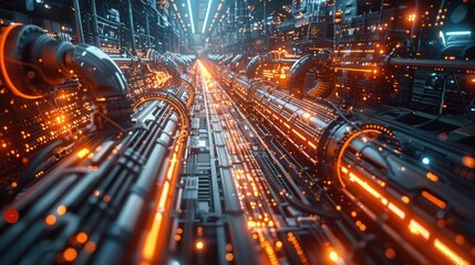 Witness the futuristic synergy of robotic arms in operation with glowing data lines on a blurred factory floor, representing seamless machine communication.
