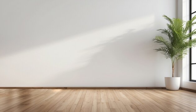 Interior home of empty room with plant on hardwood floor on white wall copy space mockup