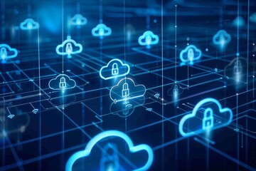 Secure cloud technology with interconnected systems and advanced digital protection elements.