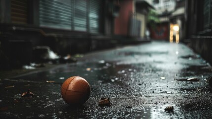 A forgotten basketball lies on the wet asphalt, adding a sense of abandonment in the rain.