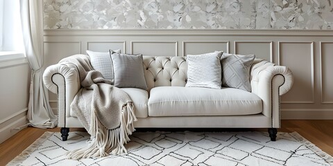 Chic white living room with carpet wallpaper and fabric couch. Concept Chic Interiors, White Living Room, Carpet Wallpaper, Fabric Couch