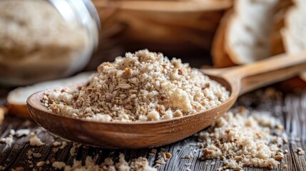 Crumbs and bread in a wooden spoon set against a wooden background.