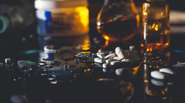 Pills are elegantly strewn next to overturned medical bottles on a reflective dark backdrop, hinting at urgent healthcare themes.