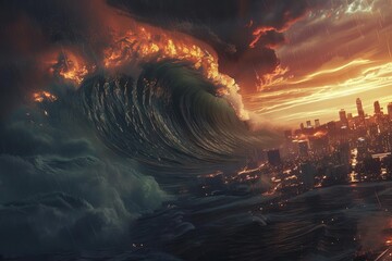 giant tsunami wave engulfing coastal city natural disaster and catastrophe concept dramatic 3d illustration