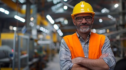 A smilang man wearing a yellow hard hat and orange vest stands in a factory with his arms crossed.