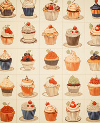 set of cupcakes on beige background