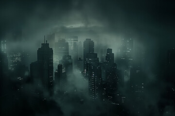 Mysterious city shrouded in fog at night