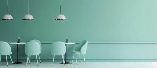 Coffee shop modern and minimal design. Furniture waiting zone pastel blue and green color, table and chairs white gloss.