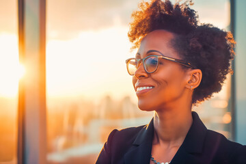 Begin your day with a confident African American businesswoman in her 40s, smiling at sunrise as she embraces success in the corporate world. - Powered by Adobe