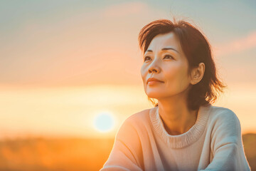 Calm Asian Therapist in Her 40s Listening with Empathy at Sunrise, Providing Support and Guidance to Clients