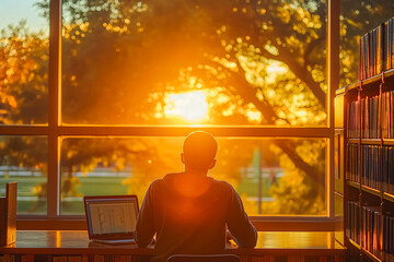 College student using laptop to research in campus library at sunset, embracing digital education.