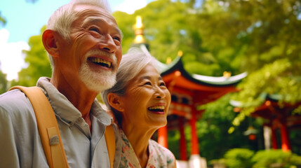 Elderly couple travelling while enjoying temple