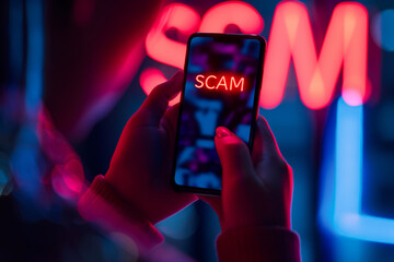 Cybersecurity alert concept with scam warning on smartphone screen