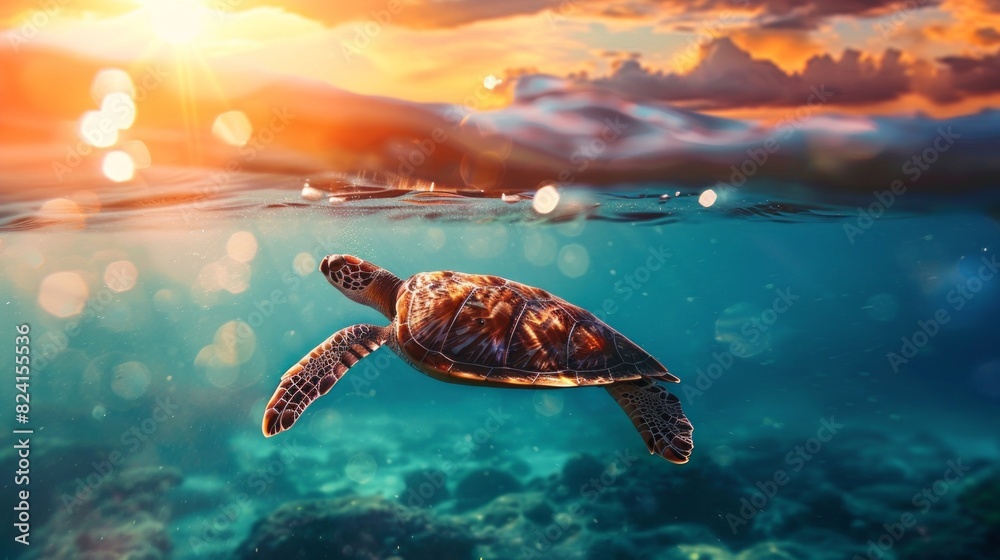 Wall mural Turtle swimming in the ocean with copy space. World turtle day