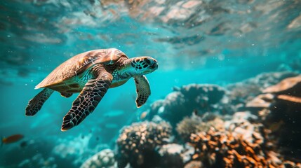 Turtle swimming in the ocean with copy space. World turtle day