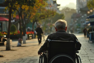 Obraz premium Serene evening - elderly person in wheelchair enjoying sunset on city street