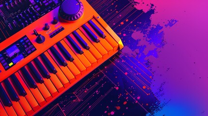 A synthesizer with a lot of knobs and buttons. It is orange and black in color. The background is purple and blue with a lot of bright highlights.